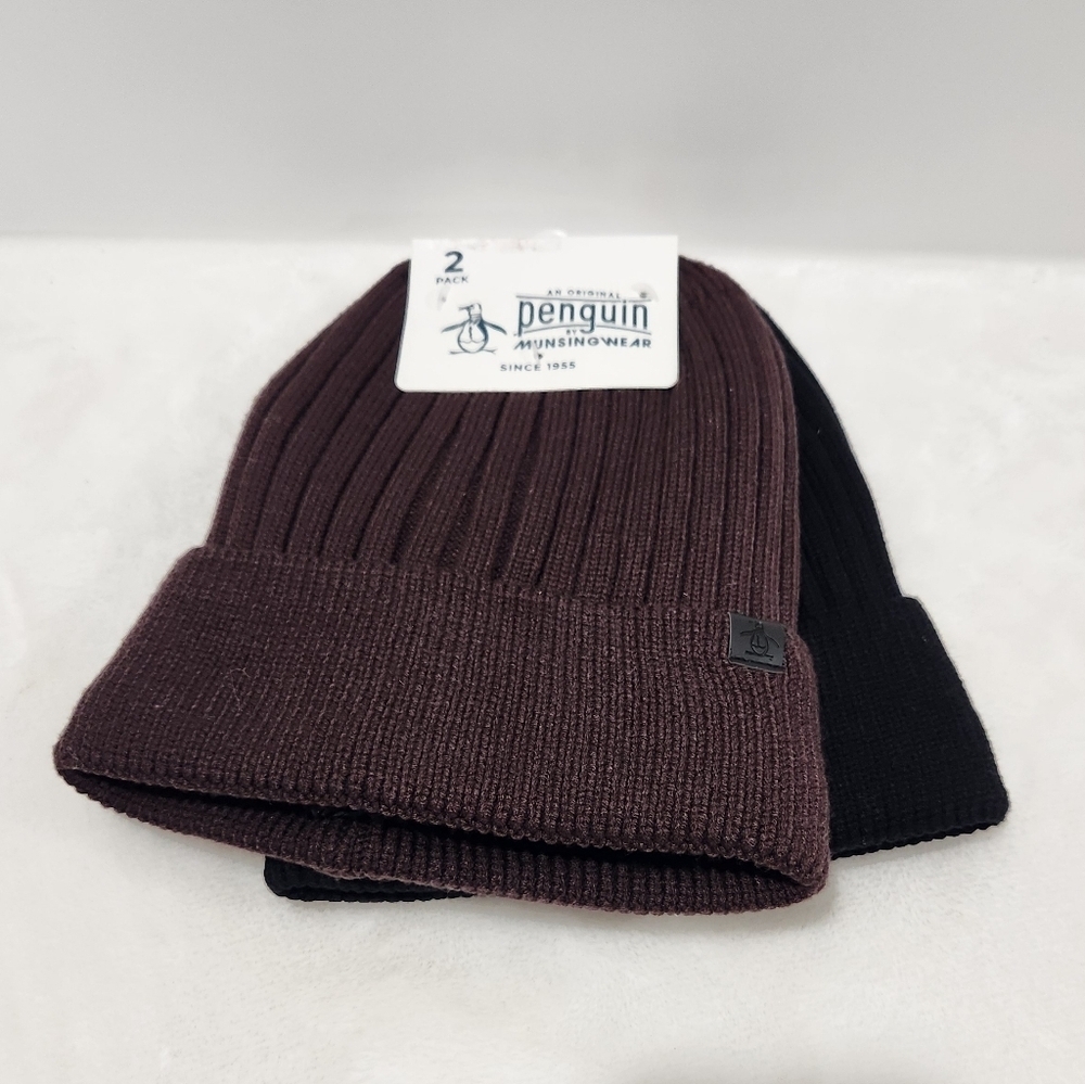 An Original Penguin By Munsing Wear Lined Brown Black Winter Beanie Hats 2 Pack
